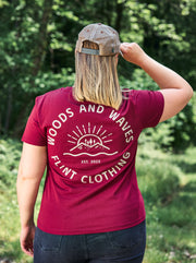 Flint Clothing Womens Woods & Waves Classic Oxblood T-shirt Deerstalking Hunting Shooting Fishing Stalking Deer DOTUK Red Sika Fallow Roe Muntjac CWD Boar Fear not the dark fieldsports Classic Women