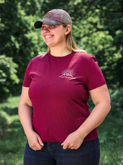Flint Clothing Womens Woods & Waves Classic Oxblood T-shirt Deerstalking Hunting Shooting Fishing Stalking Deer DOTUK Red Sika Fallow Roe Muntjac CWD Boar Fear not the dark fieldsports Classic Women