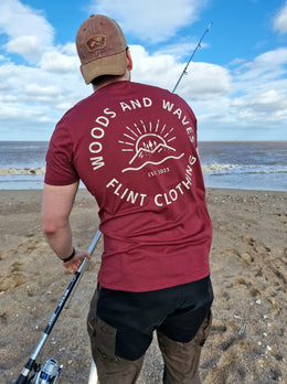 Flint Clothing Woods & Waves Classic Oxblood T-shirt Deerstalking Hunting Shooting Fishing Stalking Deer DOTUK Red Sika Fallow Roe Muntjac CWD Boar Fear not the dark fieldsports Classic